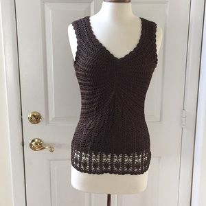 Talbots festival boho crochet brown v-neck top